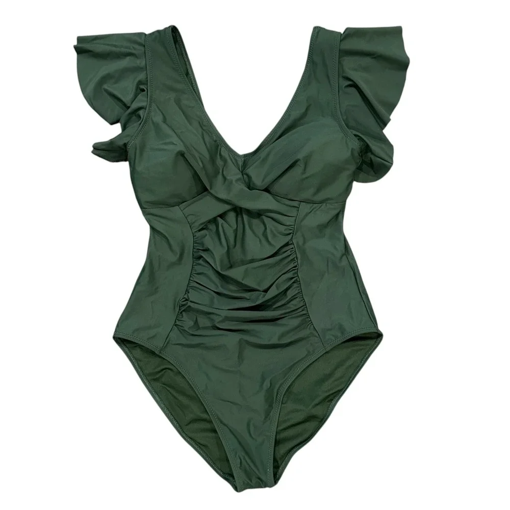 Blooming Jelly Olive Green Ruffle Sleeve Ruched Twist Front One Piece Swimsuit L